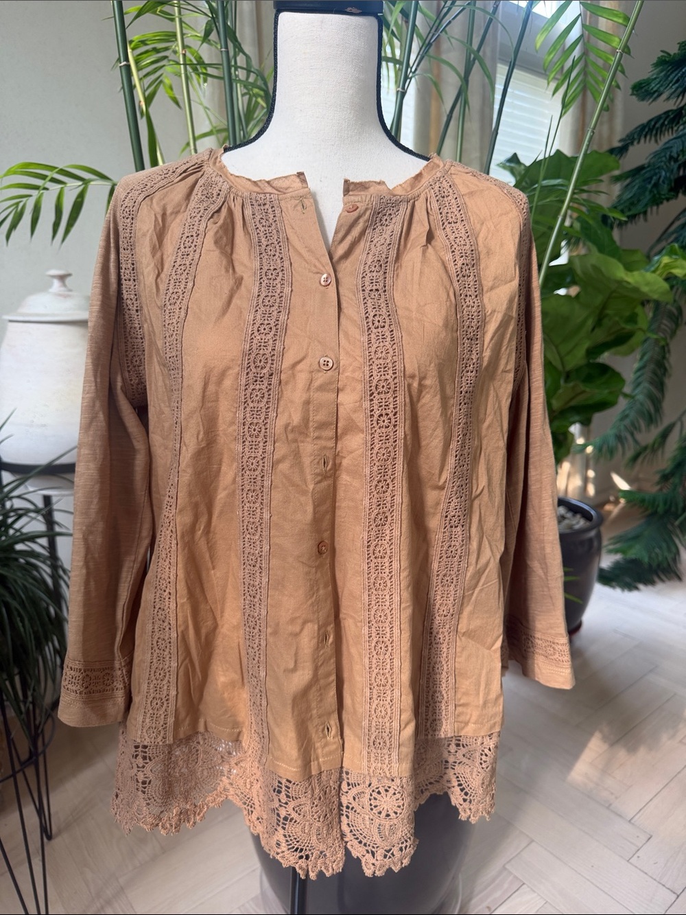 Tan Crochet-Trim Button Front Blouse NWT